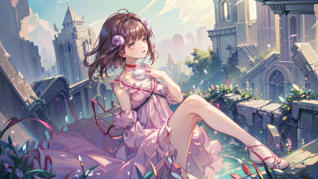 Reala, hair ornament, red choker, pink dress, (masterpiece, Absurd quality, Highest quality, Official Art, beautifully、aesthetic:1.2), 16K, Cute  girl, Very detailed, Digital Art, colorful, Most detailed, Bright colors, (Conversion Sequence), Baby Face, Cinema Lighting, Dynamic Angle, landscape, scenery, (difficult:1.5), (One girl:1.5), (ruins:1.3), (Very detailed lips:1.3), eyelash, Very detailed顔, (Perfect Legs, Perfect hands, Perfect Anatomy：1.1), Depth of written boundary, Speckled sunlight, Beautiful lighting, Little, Floating Hair, Illustrations, fairy tale, Mysterious,