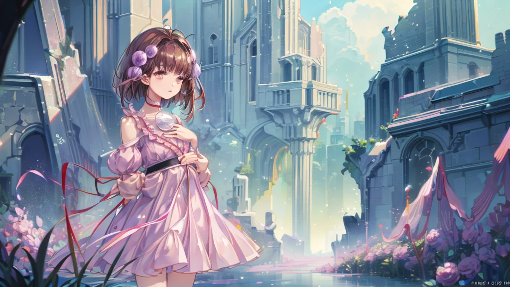 Reala, hair ornament, red choker, pink dress, (masterpiece, Absurd quality, Highest quality, Official Art, beautifully、aesthetic:1.2), 16K, Cute  girl, Very detailed, Digital Art, colorful, Most detailed, Bright colors, (Conversion Sequence), Baby Face, Cinema Lighting, Dynamic Angle, landscape, scenery, (difficult:1.5), (One girl:1.5), (ruins:1.3), (Very detailed lips:1.3), eyelash, Very detailed顔, (Perfect Legs, Perfect hands, Perfect Anatomy：1.1), Depth of written boundary, Speckled sunlight, Beautiful lighting, Little, Floating Hair, Illustrations, fairy tale, Mysterious,