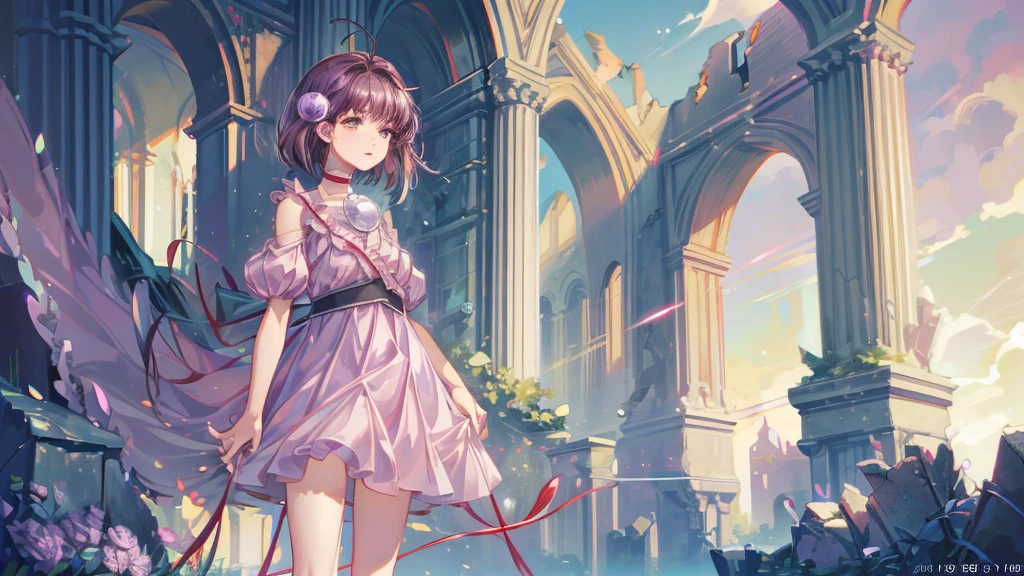 Reala, hair ornament, red choker, pink dress, (masterpiece, Absurd quality, Highest quality, Official Art, beautifully、aesthetic:1.2), 16K, Cute  girl, Very detailed, Digital Art, colorful, Most detailed, Bright colors, (Conversion Sequence), Baby Face, Cinema Lighting, Dynamic Angle, landscape, scenery, (difficult:1.5), (One girl:1.5), (ruins:1.3), (Very detailed lips:1.3), eyelash, Very detailed顔, (Perfect Legs, Perfect hands, Perfect Anatomy：1.1), Depth of written boundary, Speckled sunlight, Beautiful lighting, Little, Floating Hair, Illustrations, fairy tale, Mysterious,