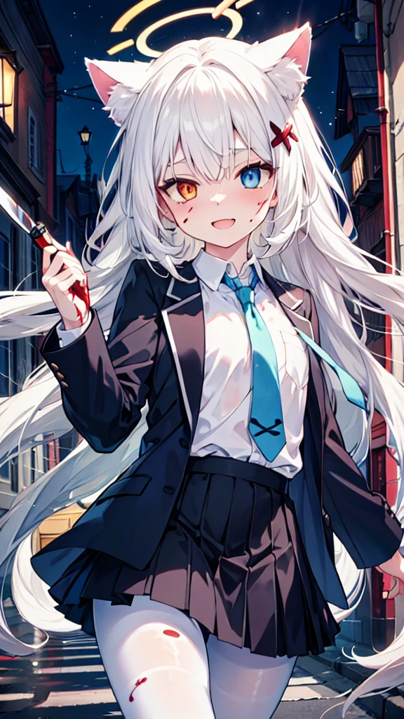 White pantyhose，White hair，Crazy Laugh，Long hair，Cat ear，Heterochromia（Left blue right red），Female face，There are bright spots in the eyes，flat chest，red halo，night，uninhabited alley，Black skirt，Holding a knife in his right hand，There are blood stains on the clothes，Blood stains on the face，Loss of light in the eyes，Shadow on the face，Fake laugh，Blue tie