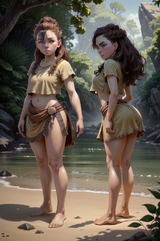 A very young girl with short brown hair and brown eyes, many freckles, and a flat nose, with a round face and a heavy body, standing barefoot on a beach, in a chibi/deformed style, extremely detailed, 4k, photorealistic, masterpiece, vivid colors, natural lighting, cinematic composition