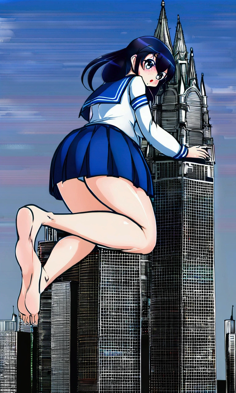 Huge barefoot teen，A girl taller than a building.，a small sailor suit，very short skirt, voluptuous, small city, playful