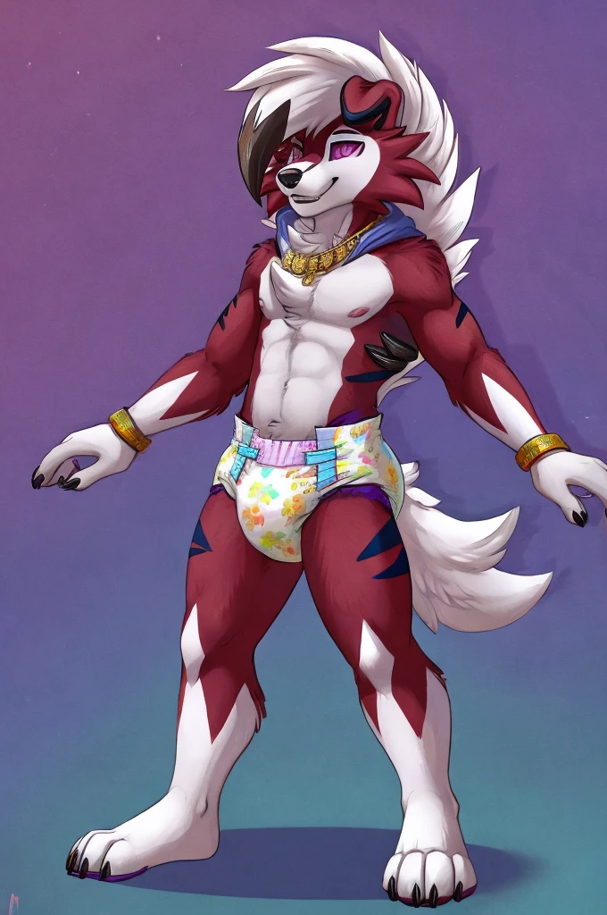  A dark purple Midnight femboy lycanroc wearing a blue and purple hoodie and diaper and white socks with black stripes and a gold necklace on his neck and with bracelets on his arms 