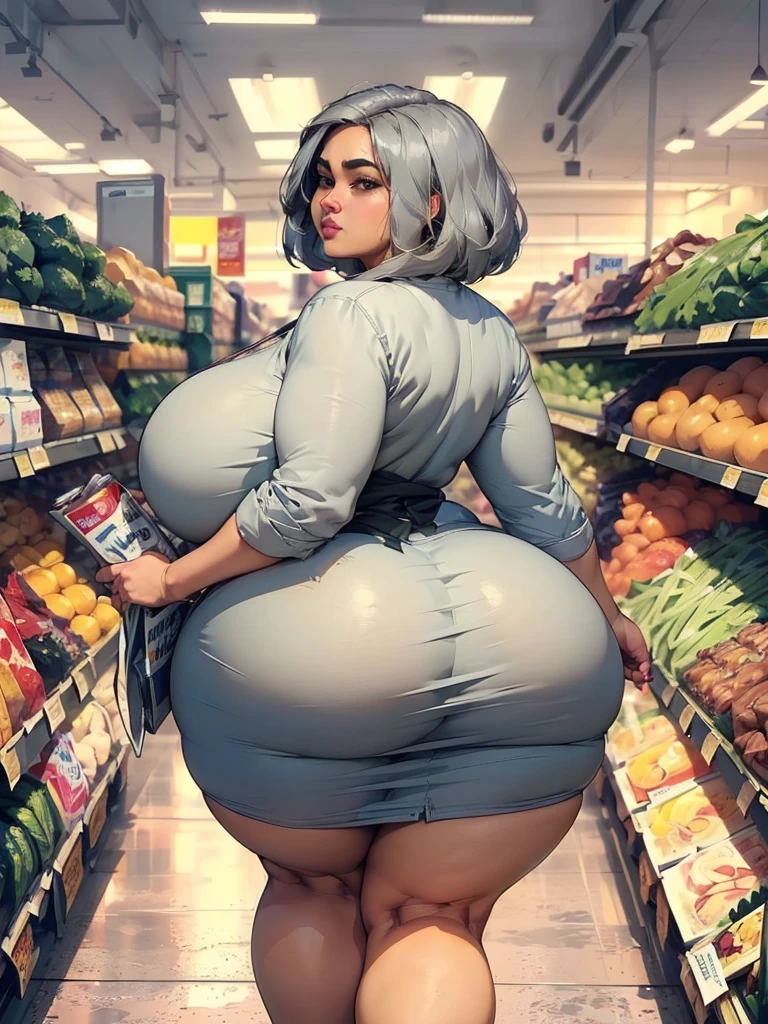 arafed woman in a gray dress is walking down a grocery aisle, thicc, getting groceries, ((in a super market costco)), stood in a supermarket, about to consume you, thick thigs, insanely inflated hips, shopping groceries, she has huge jiggly breasts, thick body, thicc build, beautiful thick female, background art