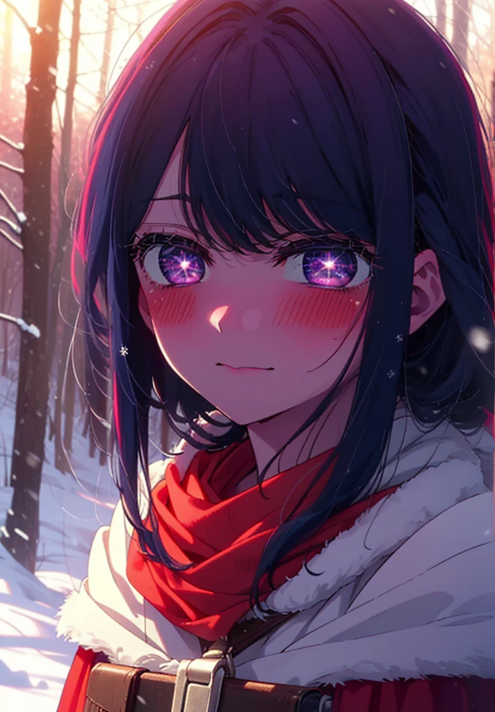 aihoshino, Ai Hoshino, Long Hair, bangs, (Purple eyes:1.1), Purple Hair, (Symbol-shaped pupil:1.5), smile,,smile,blush,white breath,
Open your mouth,snow,Ground bonfire, Outdoor, boots, snowing, From the side, wood, suitcase, Cape, Blurred, , forest, White handbag, nature,  Squat, Mouth closed, Cape, winter, Written boundary depth, Black shoes, red Cape break looking at viewer, Upper Body, whole body, break Outdoor, forest, nature, break (masterpiece:1.2), Highest quality, High resolution, unity 8k wallpaper, (shape:0.8), (Beautiful and beautiful eyes:1.6), Highly detailed face, Perfect lighting, Extremely detailed CG, (Perfect hands, Perfect Anatomy),