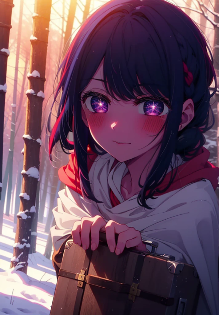aihoshino, Ai Hoshino, Long Hair, bangs, (Purple eyes:1.1), Purple Hair, (Symbol-shaped pupil:1.5), smile,,smile,blush,white breath,
Open your mouth,snow,Ground bonfire, Outdoor, boots, snowing, From the side, wood, suitcase, Cape, Blurred, , forest, White handbag, nature,  Squat, Mouth closed, Cape, winter, Written boundary depth, Black shoes, red Cape break looking at viewer, Upper Body, whole body, break Outdoor, forest, nature, break (masterpiece:1.2), Highest quality, High resolution, unity 8k wallpaper, (shape:0.8), (Beautiful and beautiful eyes:1.6), Highly detailed face, Perfect lighting, Extremely detailed CG, (Perfect hands, Perfect Anatomy),