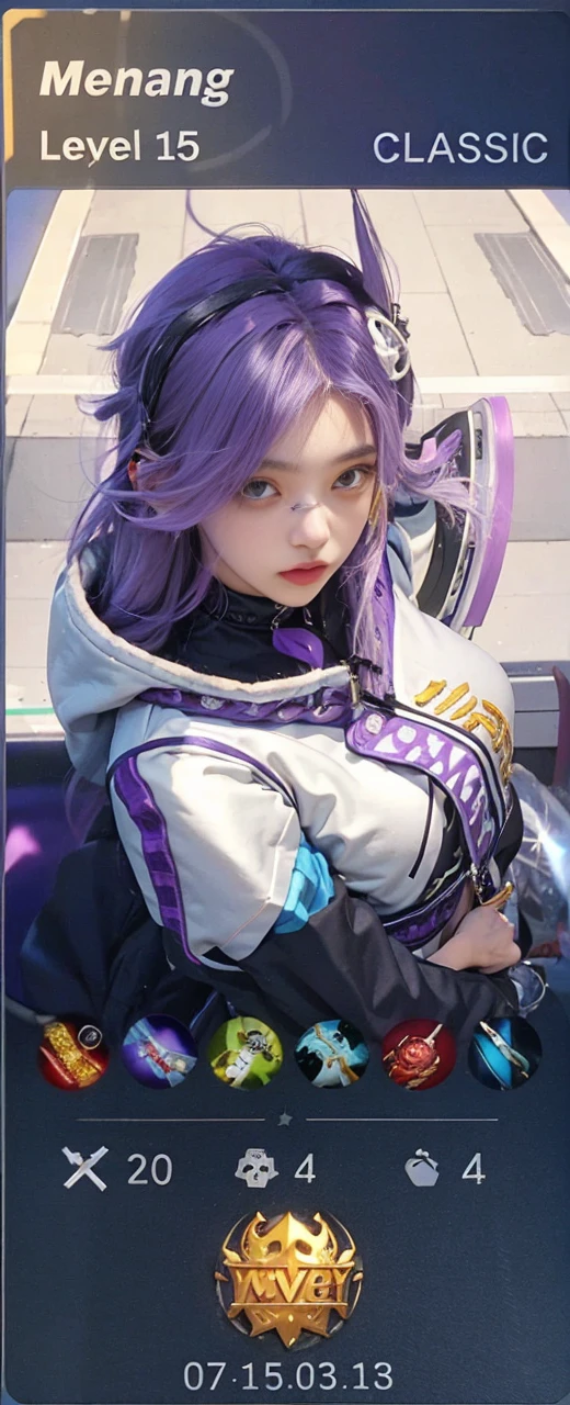 1girll,hoody,Purple hair,Extra-long hair,cropped shoulders,feathers hair ornament,headphones around their necks,City,the night,exteriors