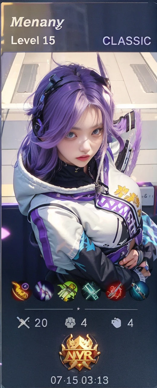 1girll，hoody，Purple hair，Extra-long hair，cropped shoulders，feathers hair ornament，headphones around their necks，City，the night，exteriors