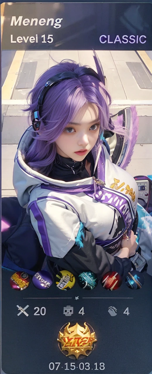 1girll,hoody,Purple hair,Extra-long hair,cropped shoulders,feathers hair ornament,headphones around their necks,City,the night,exteriors
