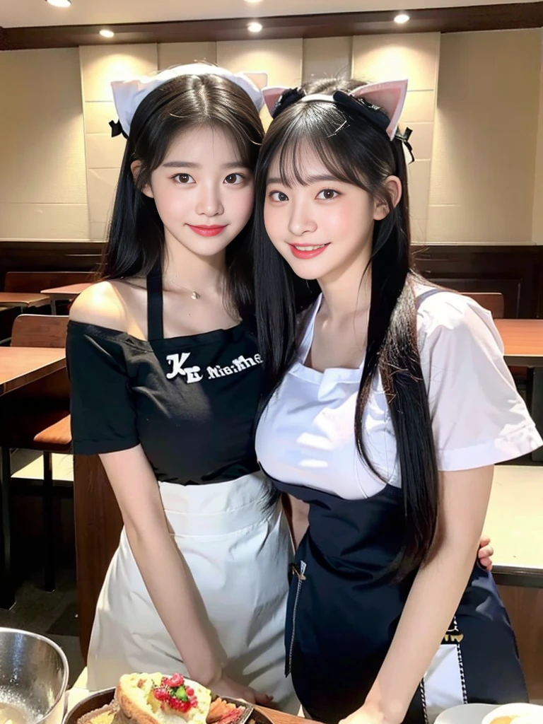 (Super cute Korean high school girl waitress duo look into the camera:1.2)(grin,Smile)(Beautiful Sweat:1.1)(16K, RAW Photos, Highest quality, masterpiece: 1.2),(Cat ears made with beautiful black hair) Super detailed, Super Resolution, (Genuine, Genuine photos: 1.37), Portraiture, High-resolution RAW color photos, Professional photos, Very detailed, 8k wallpaper, Very detailed CG Unity 8k wallpaper, Very detailed beautiful girls, Very detailed faces, ((whole body)), beautiful woman, Huge breasts,(huge boobs:1.1) (Big Boobs:1.1), Beauty college student (Naked Apron:1.1),high school girl, Korean Girls,(K-POP Female Idols), (Idol-class beauty)(Beautiful high school girl:1.1)(Nice restaurant)(18-year-old)(Waitress costumes:1.1)(Group photo:1.1)(:1.0)(NSFW:1.2)