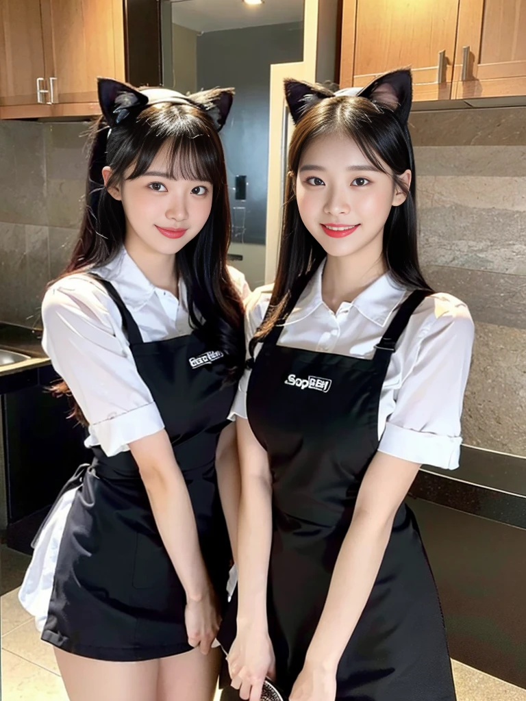 (Super cute Korean high school girl waitress duo look into the camera:1.2)(grin,Smile)(Beautiful Sweat:1.1)(16K, RAW Photos, Highest quality, masterpiece: 1.2),(Cat ears made with beautiful black hair) Super detailed, Super Resolution, (Genuine, Genuine photos: 1.37), Portraiture, High-resolution RAW color photos, Professional photos, Very detailed, 8k wallpaper, Very detailed CG Unity 8k wallpaper, Very detailed beautiful girls, Very detailed faces, ((whole body)), beautiful woman, Huge breasts,(huge boobs:1.1) (Big Boobs:1.1), Beauty college student (Naked Apron:1.1),high school girl, Korean Girls,(K-POP Female Idols), (Idol-class beauty)(Beautiful high school girl:1.1)(Nice restaurant)(18-year-old)(Waitress costumes:1.1)(Group photo:1.1)(:1.0)(NSFW:1.2)