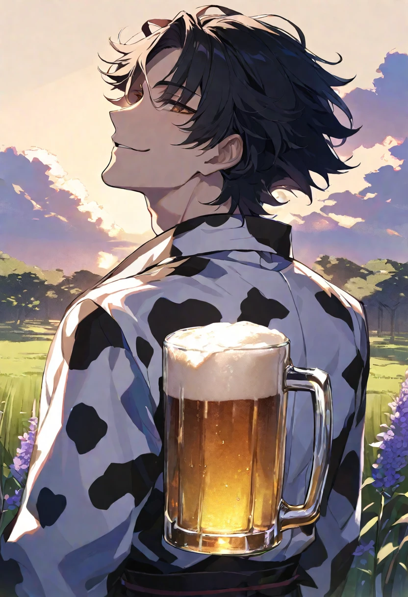 Solo,handsome,
1. male,
bangs,straight hair,Bob Hair,the back of one's neck,
black hair,
Gojo Satoru ,
brown Eyes,Soft look,
beautiful,sexly,Darkness,smile,
cow-patterned clothes, drink beer,
morning sun,simple background ,
meadow background,