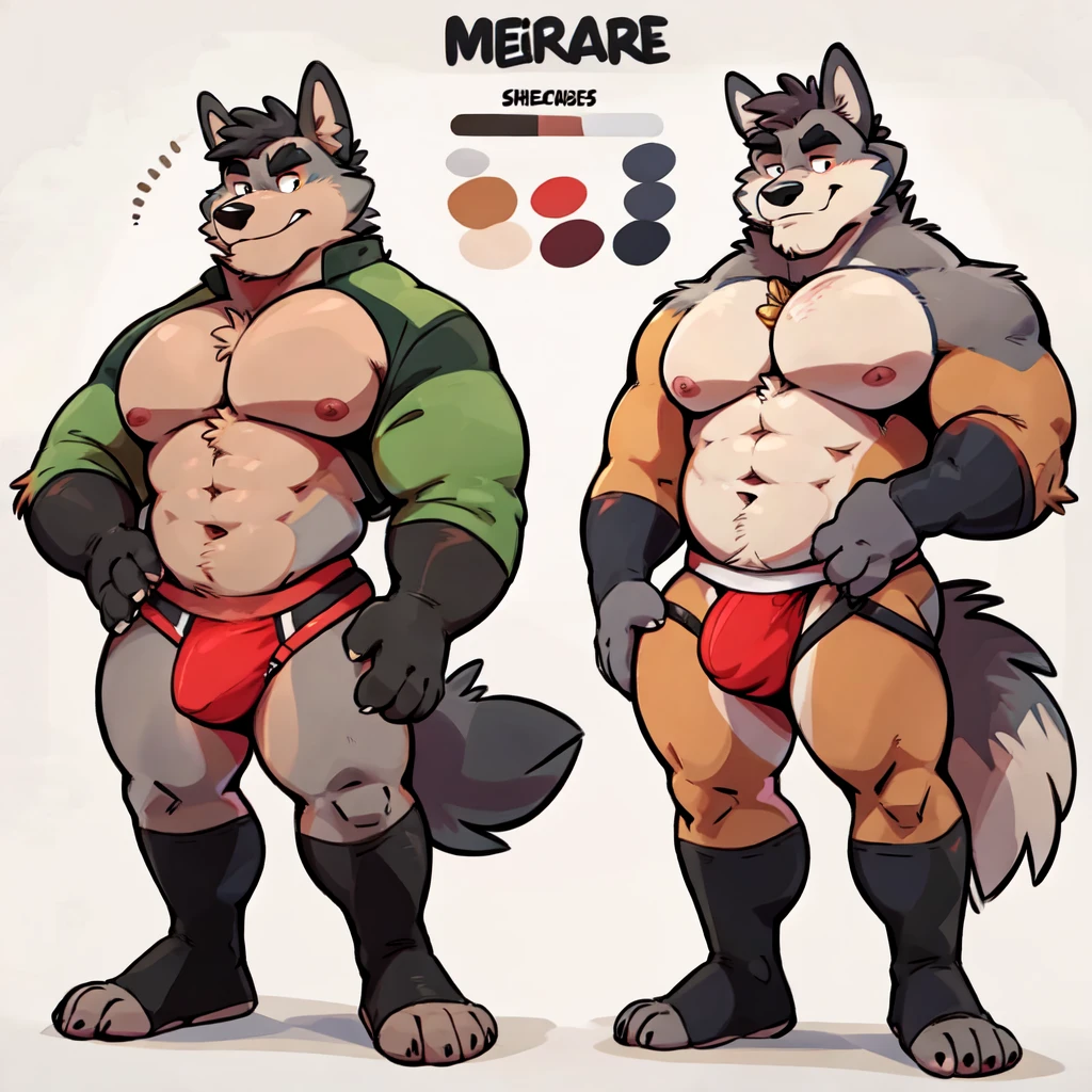 Wolf By Haps,1boy, abs, animal ears, bara, bulge, full body, white background, Seminude, Jockstrap, side, Standing, feet, Character sheet reference,