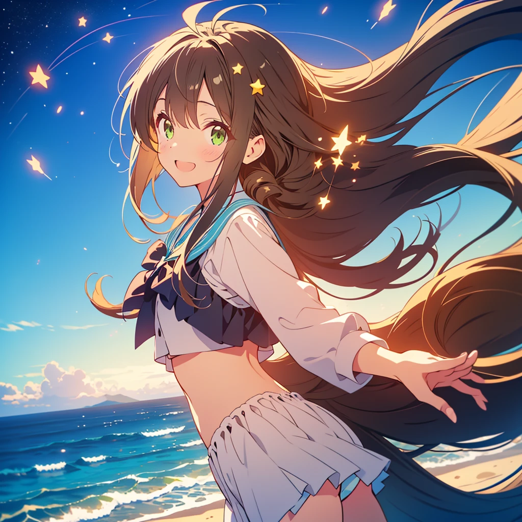 kawaii, anime, Cute, hyper quality, highly detailed, 8k, Front facing, Clarity, brown long hair, green eyes, smile, whole body, walk along the coast, one black cat, starry skies, night, moonlight, shooting star, Starlight, spread your hands, smiling, close your eyes and laugh, open your mouth and laugh, Crescent Moon, whole body, walking pose, seaside, coastline, Comet, hair fluttering, spread both hands, walk, ripples, firework, hold both hands,