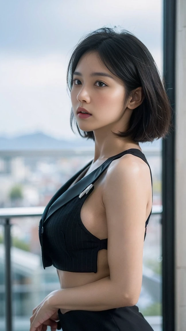 (8k, RAW photos, best quality, masterpiece:1.3),(realistic:1.3), HDR, uhd, dynamic,(fancy:1.3) , blooming light effect, break 1 girl,(whole body:1.3),(behave promiscuously:1.2), split ,A very beautiful woman is standing,(from the side:1.4),(big bust:1.4),nipple ,intricate details, Beloved, vibrant, perfect hands, detailed hand, perfect eyes, detailed eyes,(blush:1.4), (tanned skin:1.1),(realistic 피부와 머리카락 질감, detailed beautiful & Polish & largely),(black very short hair:1.3),(striped hair),long and narrow eyes, bridge face ,nice jutting chin,fascinating, decorate, attractive, fascinating, fascinating, Refined, dazzlement, break woman,intellectual,tall,muscular, secretary, health, ((black two-piece suit:1.4) and a white shirt), escort,city,defensive, warning, loyalty, confidentiality, professionalism, skilled, reliable, discretion, Security, exact, security,posed,neat,break (wind:1.4),(Information about tarot consultation