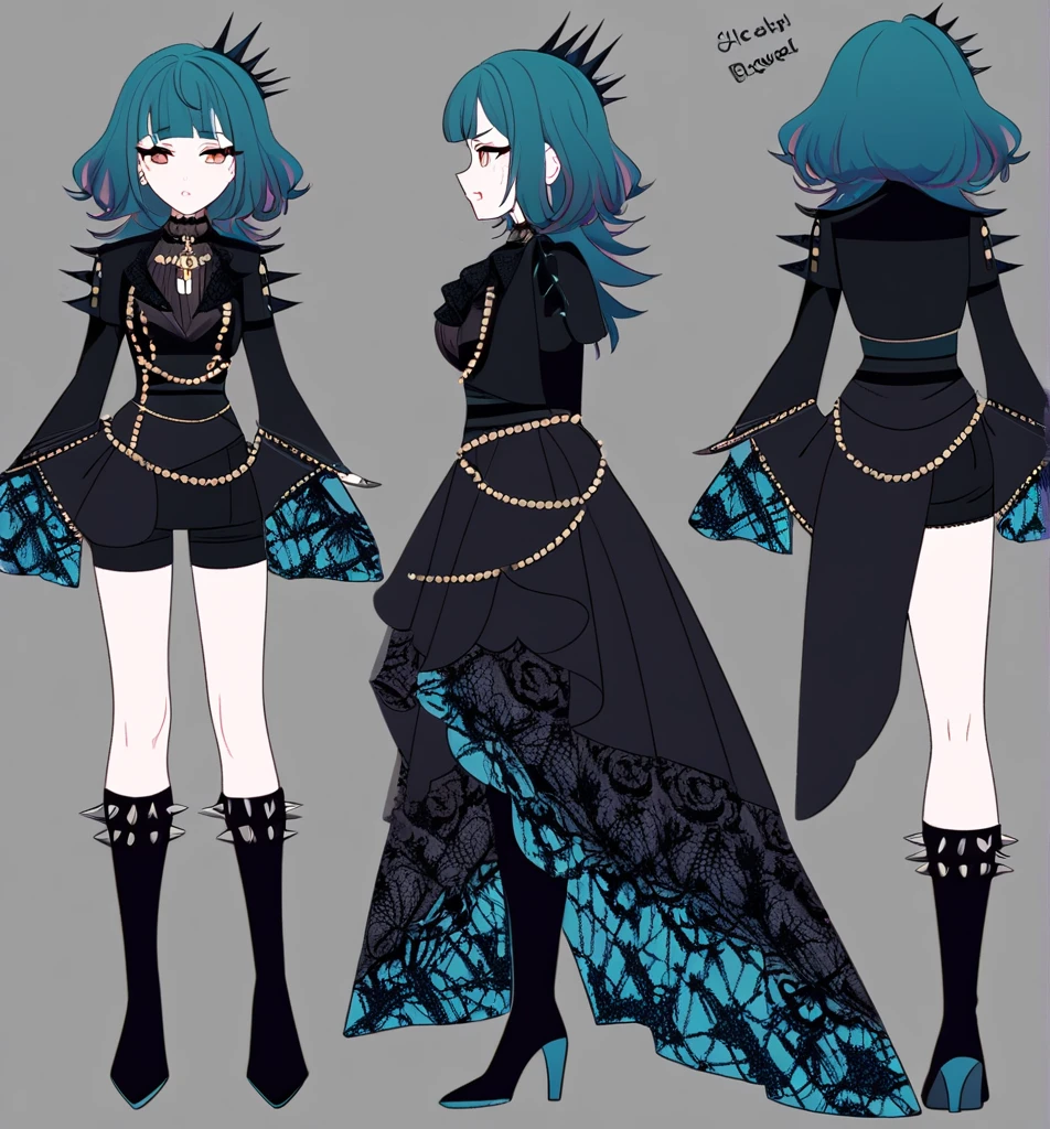Make me an Ensemble Stars oc. Ensemble Stars art style. Give her short, messy, spikey teal hair with bangs. Brown eyes. Black, goth yet formal outfit. Elegant, regal. Shorts. {Female character.} Social anxiety. {Anxious.} Reference sheet. Blue fire details. 34D cup chest. WOMAN. IDOL