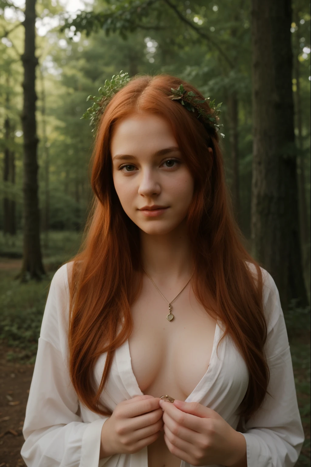 a  girl, sexy innocent, druid girl, magic, at forest, redhead, mystical aura