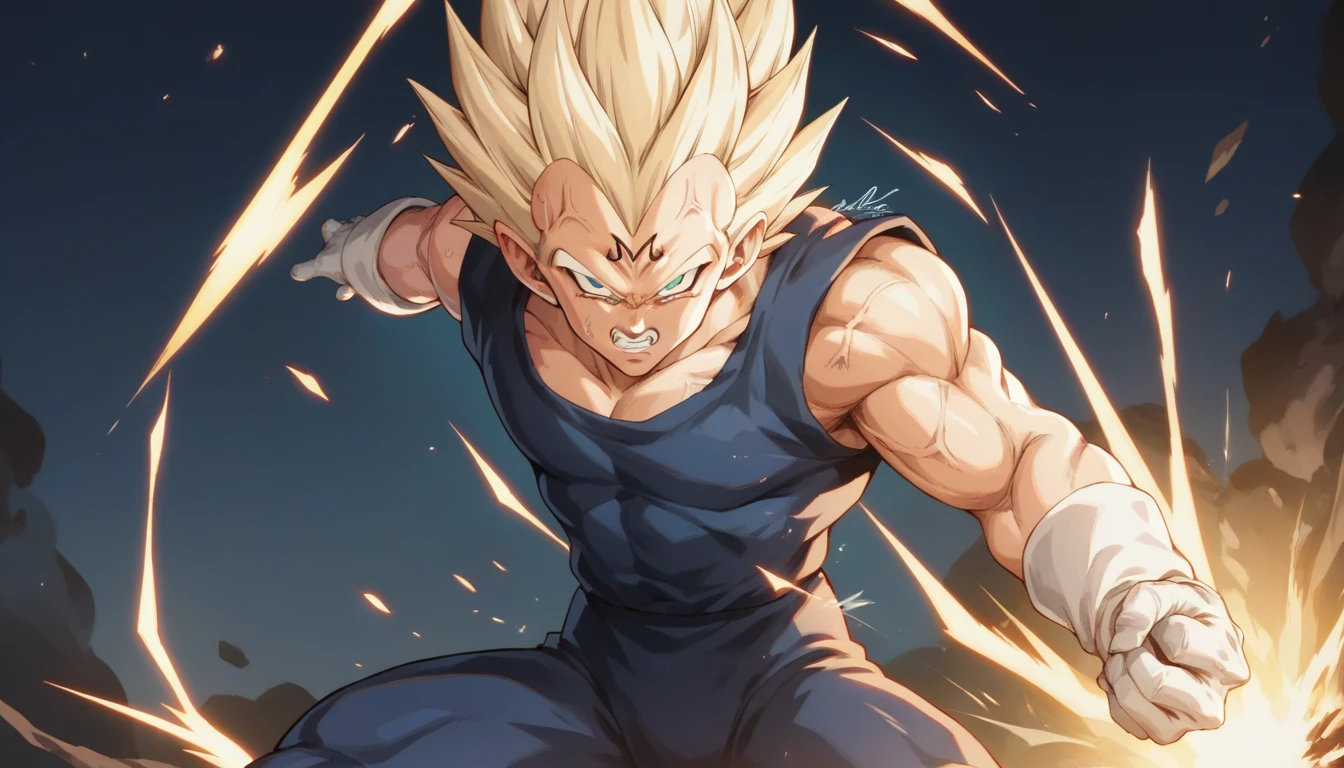 score_9, source_anime, score_8_up, score_7_up, detailed background, 1boy, solo, , blast, explosion in background, dramatic lighting, explosion lighting,  Majin dramatic lighting, dynamic pose, dynamic composition, action scene, action pose, angry, High Resolution, 