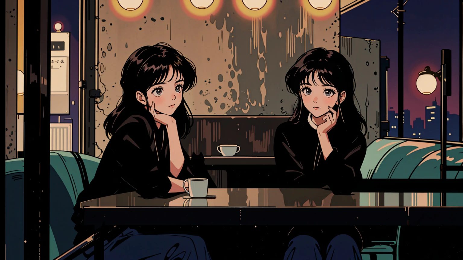 best quality, 8k, 1990s style,2010s hairstyles, 21 year old girl, black hair, long hair, light brown eyes, city pop, pants ,night view, wearing headphones, whole body, relax coffee,table,confection,Looking at me, Black cat