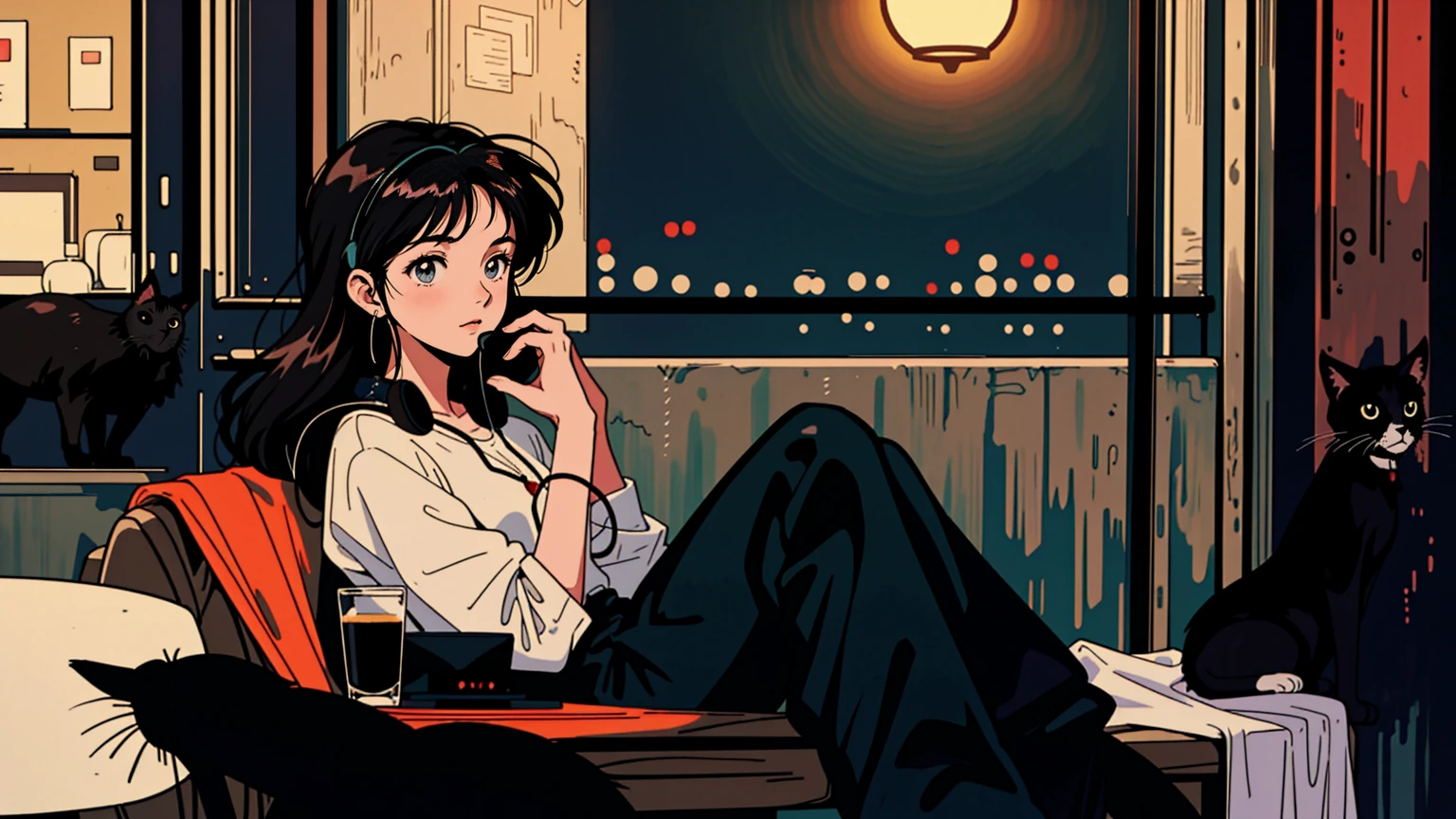 best quality, 8k, 1990s style,2010s hairstyles, 21 year old girl, black hair, long hair, light brown eyes, city pop, pants ,night view, wearing headphones, whole body, relax coffee,table,confection,Looking at me, Black cat