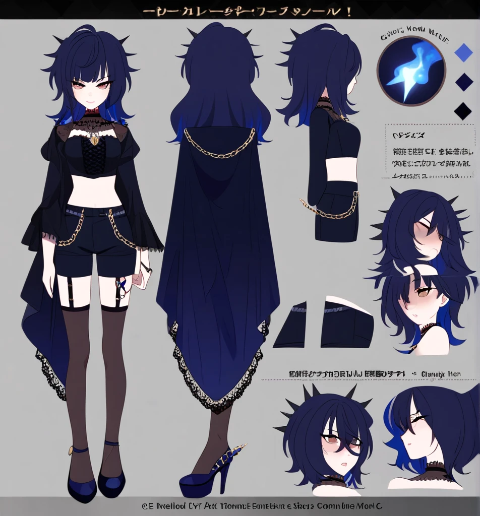 Make me an Ensemble Stars oc. Ensemble Stars art style. Give her short hair that becomes long at the end. Messy, spikey dark blue hair with bangs. Brown eyes. Black, goth yet formal outfit. Elegant, regal. Shorts. {Female character.} Social anxiety. {Anxious.} Reference sheet. Blue fire details. 34D cup chest. WOMAN. IDOL. 