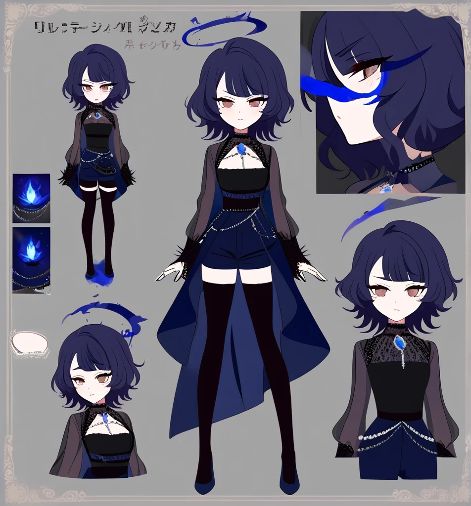 Make me an Ensemble Stars oc. Ensemble Stars art style. Give her short, messy, spikey dark blue hair with bangs. Brown eyes. Black, goth yet formal outfit. Elegant, regal. Shorts. {Female character.} Social anxiety. {Anxious.} Reference sheet. Blue fire details. 34D cup chest. WOMAN. IDOL