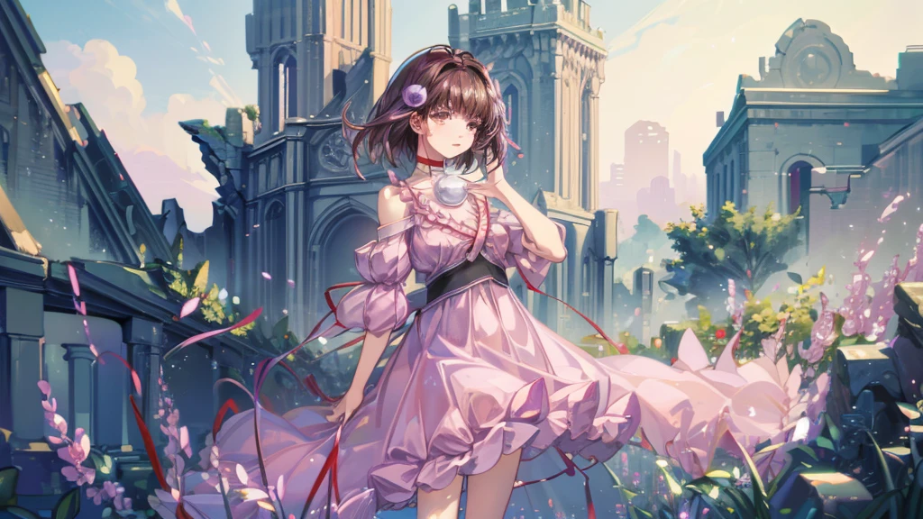 Reala, hair ornament, red choker, pink dress, (masterpiece, Absurd quality, Highest quality, Official Art, beautifully、aesthetic:1.2), 16K, Cute  girl, Very detailed, Digital Art, colorful, Most detailed, Bright colors, (Conversion Sequence), Baby Face, Cinema Lighting, Dynamic Angle, landscape, scenery, (difficult:1.5), (One girl:1.5), (ruins:1.3), (Very detailed lips:1.3), eyelash, Very detailed顔, (Perfect Legs, Perfect hands, Perfect Anatomy：1.1), Depth of written boundary, Speckled sunlight, Beautiful lighting, Little, Floating Hair, Illustrations, fairy tale, Mysterious,