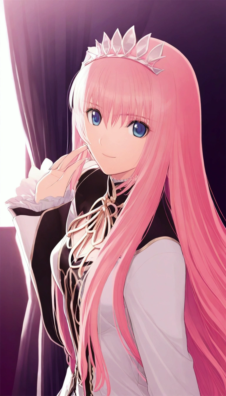 Detailed and beautiful depiction 1.1,Official Art,Beautiful adult woman ,Megurine Luka in official costume,Pink long hair,blue eyes,smile,Bedroom