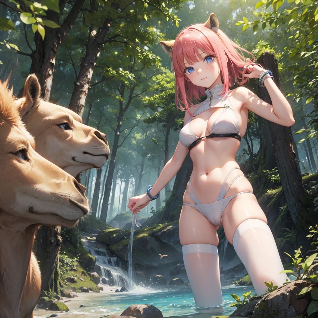 Nino Nakano,pose sexy,futuristic clothing,forest, white light bikini girl, camel toe,