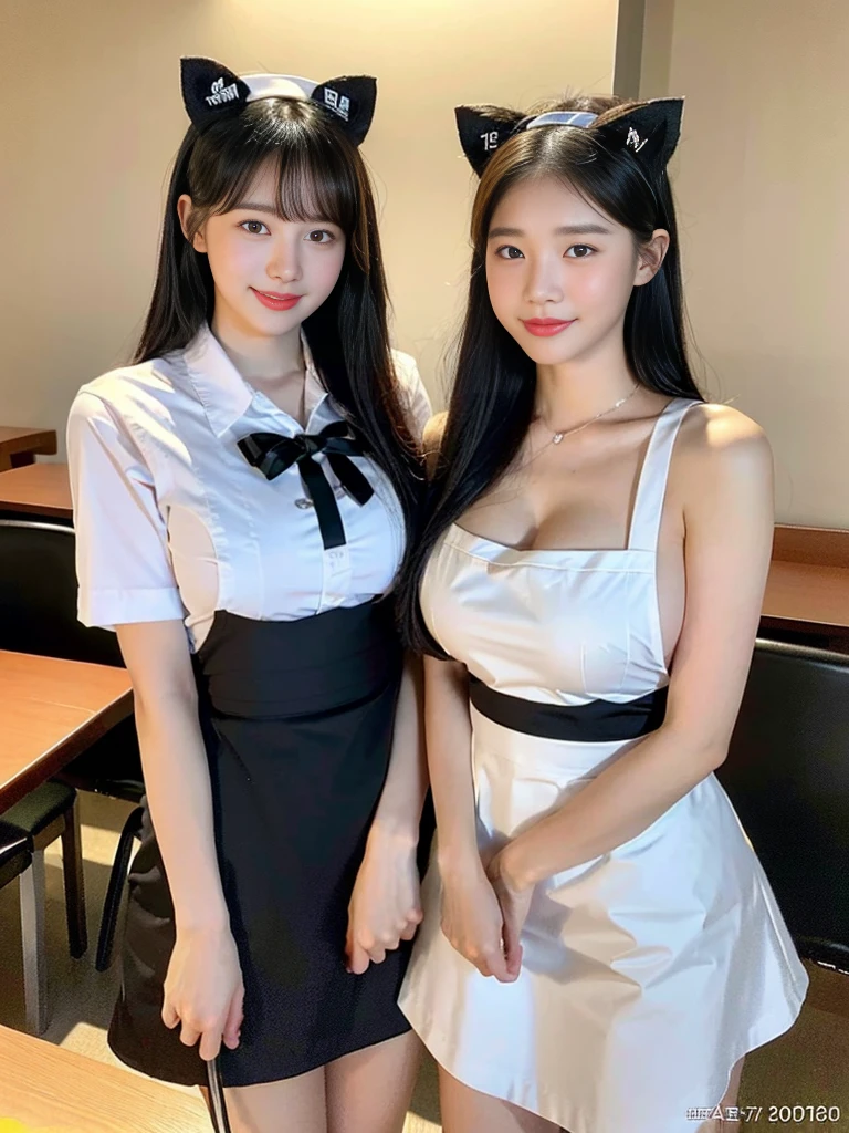 (Super cute Korean high school girl waitress duo look into the camera:1.2)(grin,Smile)(Beautiful Sweat:1.1)(16K, RAW Photos, Highest quality, masterpiece: 1.2),(Cat ears made with beautiful black hair) Super detailed, Super Resolution, (Genuine, Genuine photos: 1.37), Portraiture, High-resolution RAW color photos, Professional photos, Very detailed, 8k wallpaper, Very detailed CG Unity 8k wallpaper, Very detailed beautiful girls, Very detailed faces, ((whole body)), beautiful woman, Huge breasts,(huge boobs:1.1) (Big Boobs:1.1), Beauty college student (Naked Apron:1.1),high school girl, Korean Girls,(K-POP Female Idols), (Idol-class beauty)(Beautiful high school girl:1.1)(Nice restaurant)(18-year-old)(Waitress costumes:1.1)(Group photo:1.1)(:1.0)(NSFW:1.2)