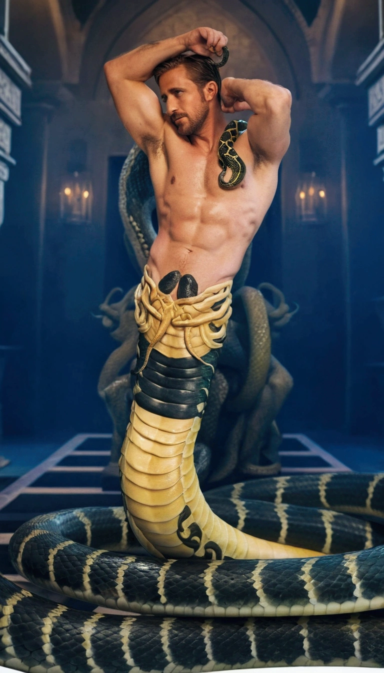 arafed man with a snake tattoo on his arm and a snake on his leg, lower half of his body is snake, chest up human lower half snake, snake human hybrid, snake body, snake man, serpent body, dragon leg, eugene gottsnake, ryan gosling as roman statue, snake, his trunk is a long tentacle