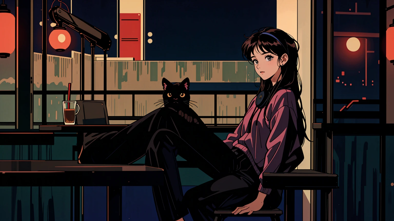 best quality, 8k, 1990s style,2010s hairstyles, 21 year old girl, black hair, long hair, light brown eyes, city pop, pants ,night view, wearing headphones, whole body, relax coffee,table,confection,Looking at me, Black cat