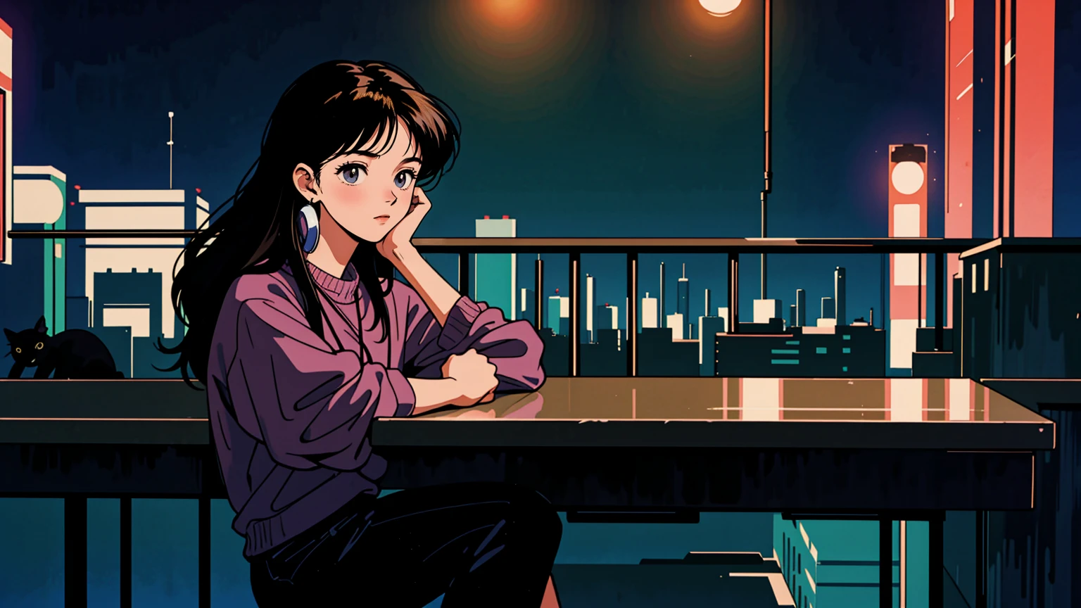 best quality, 8k, 1990s style,2010s hairstyles, 21 year old girl, black hair, long hair, light brown eyes, city pop, pants ,night view, wearing headphones, whole body,  relax coffee,table,confection,Looking at me, Black cat
