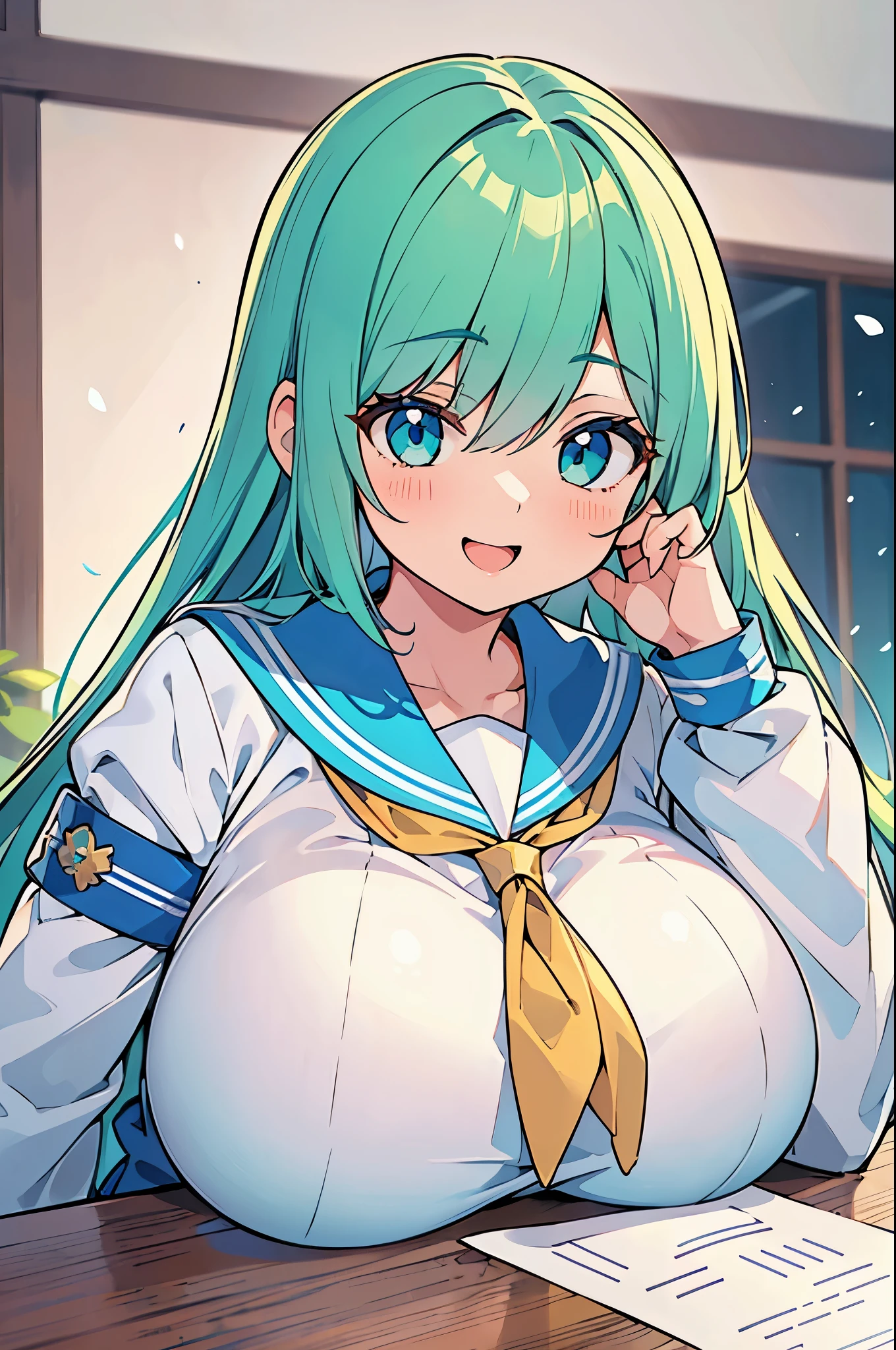 ((A Pretty high school girl with green hair and blue eyes)), ((wearing the white sailor suit)), Baby face, ((top-quality, master piece, ultra-definition, high resolution)), anime girl, ((ultra-detailed illust:1.2)), 1 girl, bangs, hair between eye, beautiful hair, Shiny eyes, highlights on the eyes, ((detailed eyes:1.2)), ((super gigantic breasts:1.3)), huge tits, Soft breasts, focused on breasts, ((breasts on the table)), breast rest, Big smile, enjoyed, laughing, in the classroom