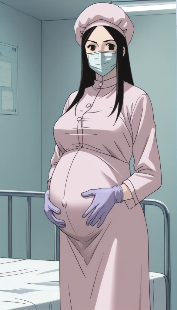 score_9, score_8_up, score_7_up, source_anime, raw image, masterpiece, highest quality, kasuganoray, pale skin, eyes that look narrow sharp and strict, staring at the viewer, long black hair, big breasts, scrubs, surgical mask, bouffant cap, long sleeve maternity dress, put on another long sleeved coat, seamless, navel head, the dress isn't wrinkled, long white stockings,
1girl, pregnant, solo, long rubber gloves, looking down, furrowed brow, hospital bed, natural light, standing, patient room background, she is inquiring about the patient's condition
