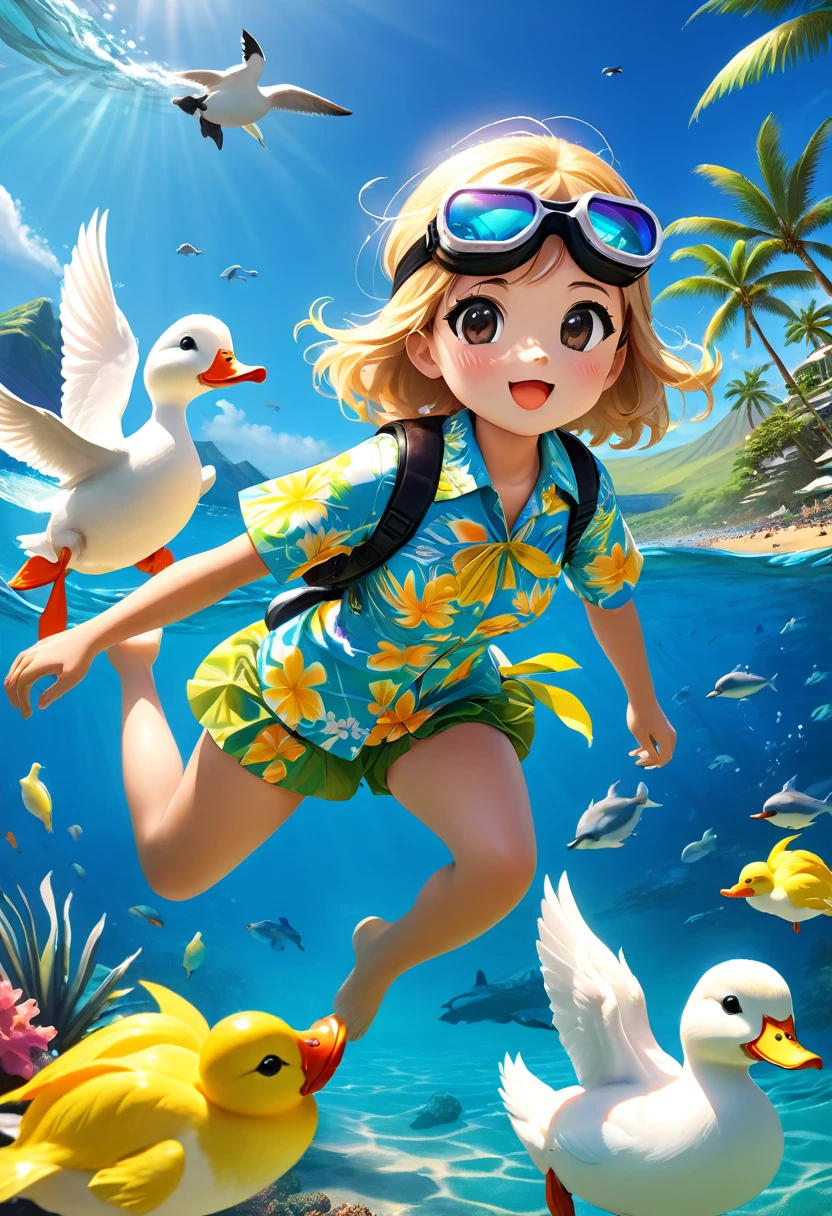 Esbian all over body、Cool white duck、Pop White Duck、Diorama、Simple Background、Underwater goggles、Snorkel、Aloha Shirt、Hawaii beach background、Cape、Best Quality, Capture the cutest moments, Depth of written boundary, Super detailed, Ultra-high resolution, Octadale, 8k, 16km race