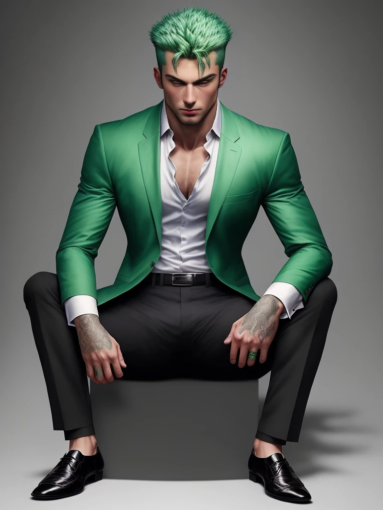 1 man, handsome, muscular, green hair, scar, black suit, black Oxford shoes, socks, best quality, masterpiece, sitting, 