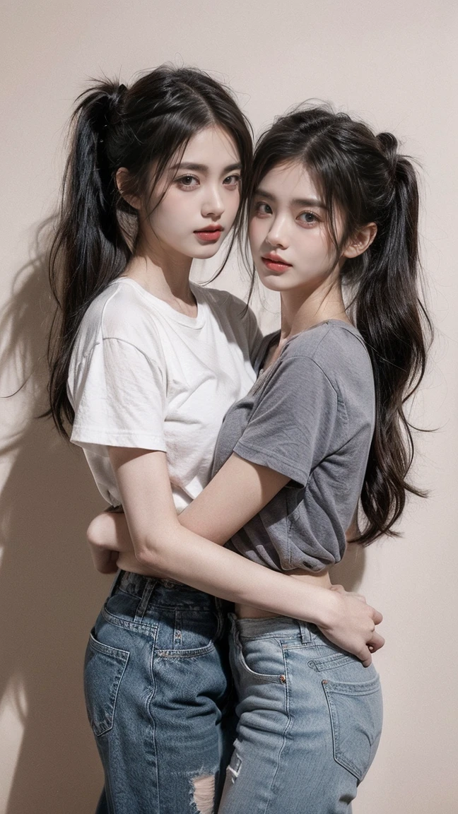Create a realistic portrait of 2 girls, twin girl with long, dark hair tied in ponytails, both wearing casual white t-shirts with graphic prints and ripped jeans. natural big breast, plumpy, perfect body, (hug each other), giving a sense of companionship and unity. The background is simple and minimalistic, with soft lighting that casts subtle shadows, highlighting their features and expressions. The overall mood of the image is modern and stylish, with a touch of casual elegance.