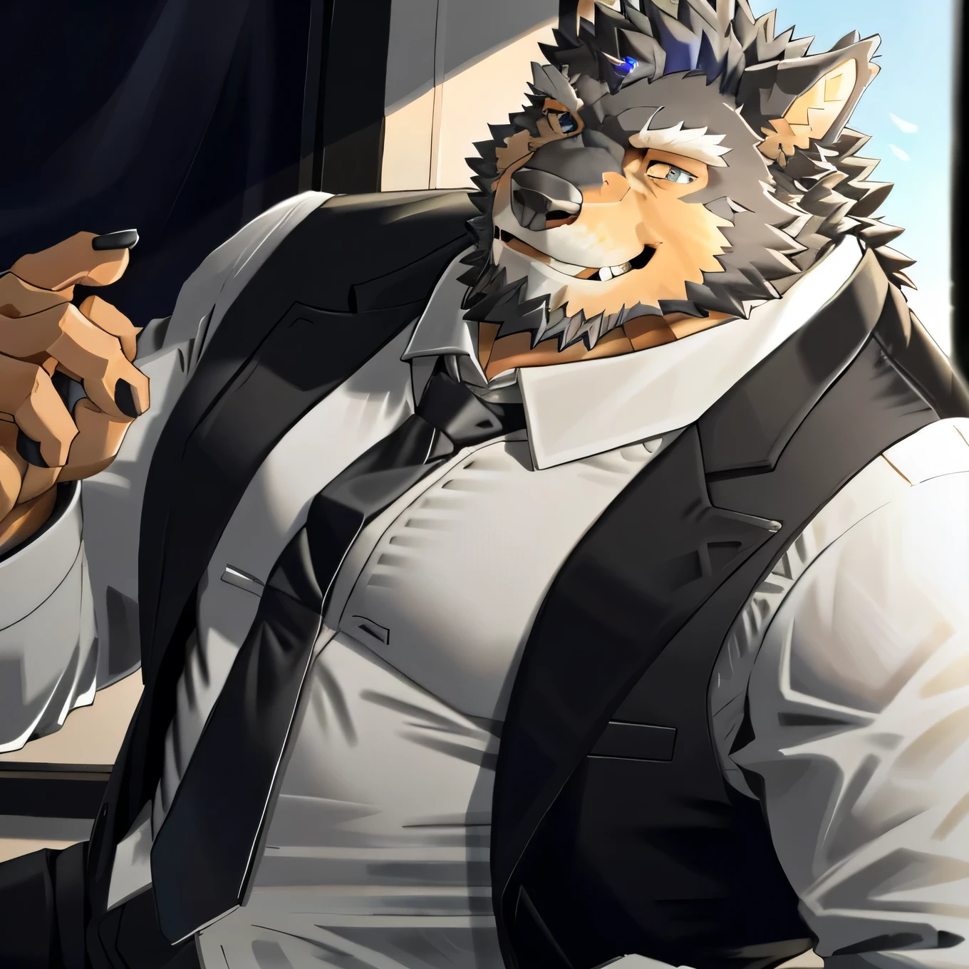 （morning）， 1 Gray Wolf Orc，  Looking out the window， summer， Smile，muscle，Blue pupils，Five fingers， Bearded，middle aged，suit，quality，Rich colors，Extremely detailed，Full body close-up，Refined style