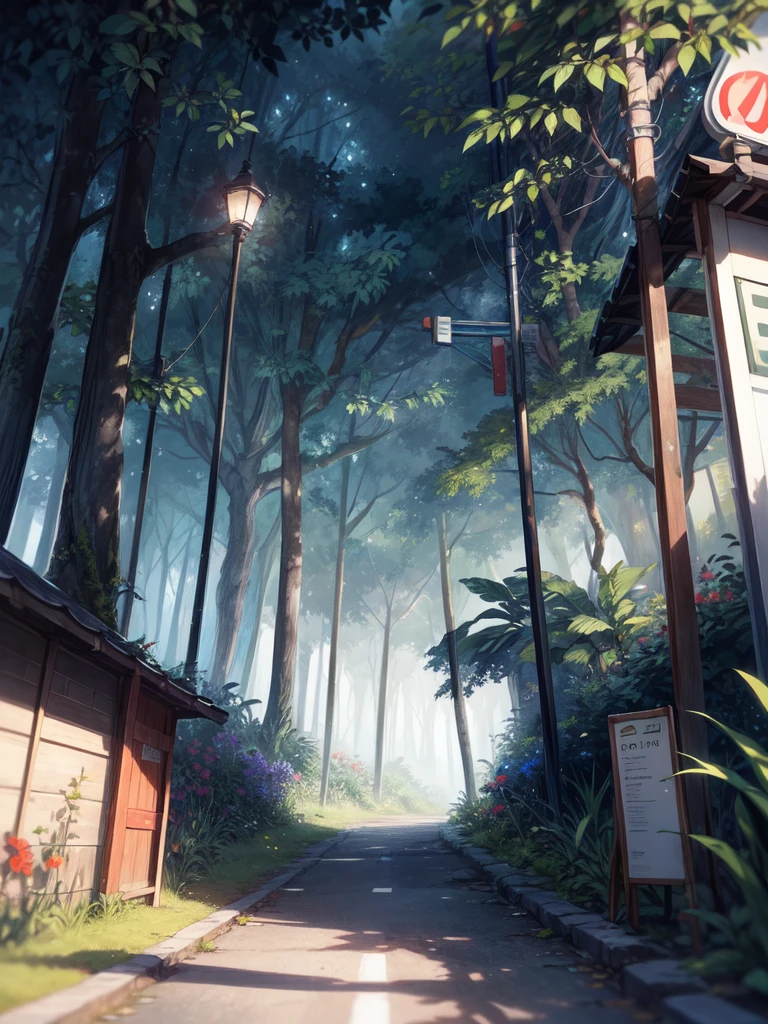 super wide perspective, ghibli anime scene, coffee shop in the woods, worn off road, zebra crossing, moody weather, under a big banyan tree, street light, poles and wires, tropical leafy plant pots, menu board, sign board, long grass with wild flowers, in the middle of nowhere, vibrant color tones, ghibli style, no humans, scenery, masterpiece, high resolution