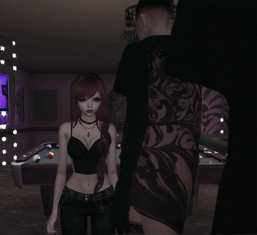 anime image of a woman standing next to a pool table, imvu, secondlife, tumblr, dark!!!, (((low light))), faded, loish |, poker, second life avatar, very grainy, dark scene, ((oversaturated)), stu_dts, dark mood, lblsck hair, roleplay, yukky