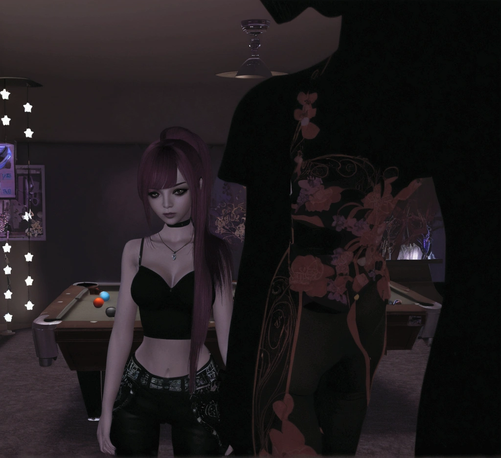 anime image of a woman standing next to a pool table, imvu, secondlife, tumblr, dark!!!, (((low light))), faded, loish |, poker, second life avatar, very grainy, dark scene, ((oversaturated)), stu_dts, dark mood, lblsck hair, roleplay, yukky