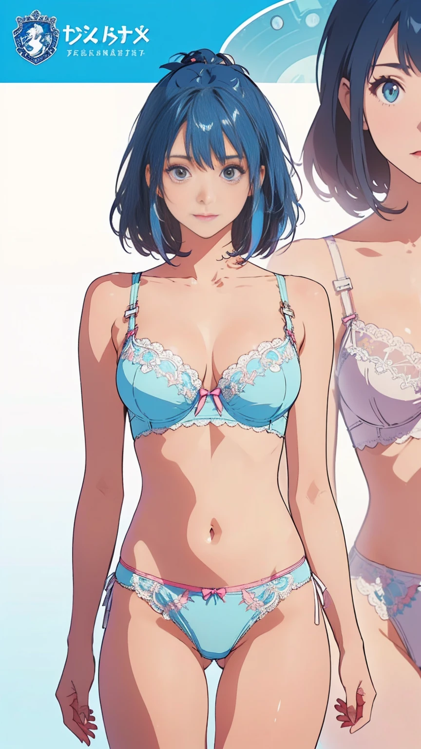 ((masterpiece)), (((Highest quality))), ((Reference Sheet, Character Design)), Highest quality, masterpiece, Ultra-high resolution, Original photo, Ultra-high resolution, Three beautiful women, Blue hair, bob cut, Big smile, Wearing a white and pink lace bra, Wearing white and pink lace panties, (elaborately designed luxury panties for adults, panties high definition images, draw panties with super precision), (((threads of the seams for panties crotch is visible))), stitch of panties is visible