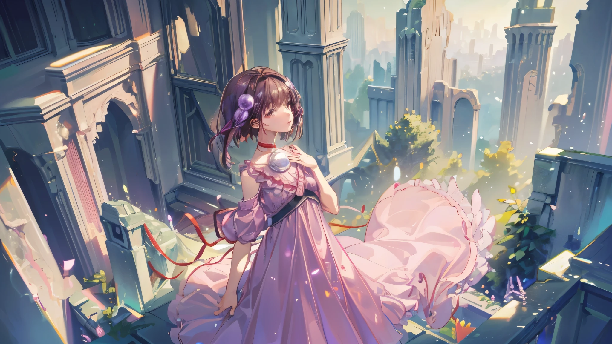 Reala, hair ornament, red choker, pink dress, (masterpiece, Absurd quality, Highest quality, Official Art, beautifully、aesthetic:1.2), 16K,   girl, Very detailed, Digital Art, colorful, Most detailed, Bright colors, (Conversion Sequence), Babynema Lighting, Dynamic Angle, landscape, scenery, (difficult:1.5), (One girl:1.5), (ruins:1.3), (Very detailed lips:1.3), eyelash, Very detailed顔, (Perfect Legs, Perfect hands, Perfect Anatomy：1.1), Depth of written boundary, Speckled sunlight, Beautiful lighting, Little, Floating Hair, Illustrations, fairy tale, Mysterious,