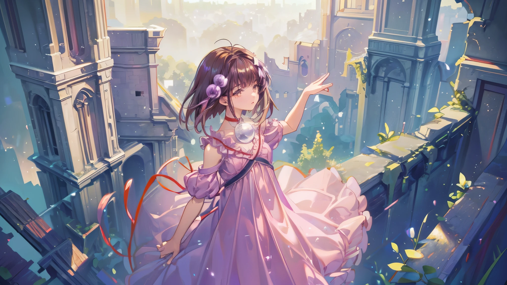 Reala, hair ornament, red choker, pink dress, (masterpiece, Absurd quality, Highest quality, Official Art, beautifully、aesthetic:1.2), 16K, Cute  girl, Very detailed, Digital Art, colorful, Most detailed, Bright colors, (Conversion Sequence), Baby Face, Cinema Lighting, Dynamic Angle, landscape, scenery, (difficult:1.5), (One girl:1.5), (ruins:1.3), (Very detailed lips:1.3), eyelash, Very detailed顔, (Perfect Legs, Perfect hands, Perfect Anatomy：1.1), Depth of written boundary, Speckled sunlight, Beautiful lighting, Little, Floating Hair, Illustrations, fairy tale, Mysterious,