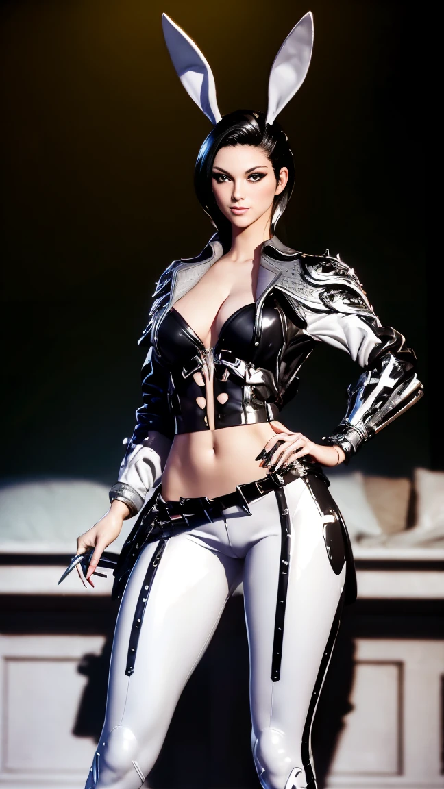 Woman with perfect body, Bunny The First Descendant Ultimate Skin, dressed in a colan sex and fitted to the body with white, black and chrome details and with her legs showing, in front of her full body, with eyes and mouth showing
