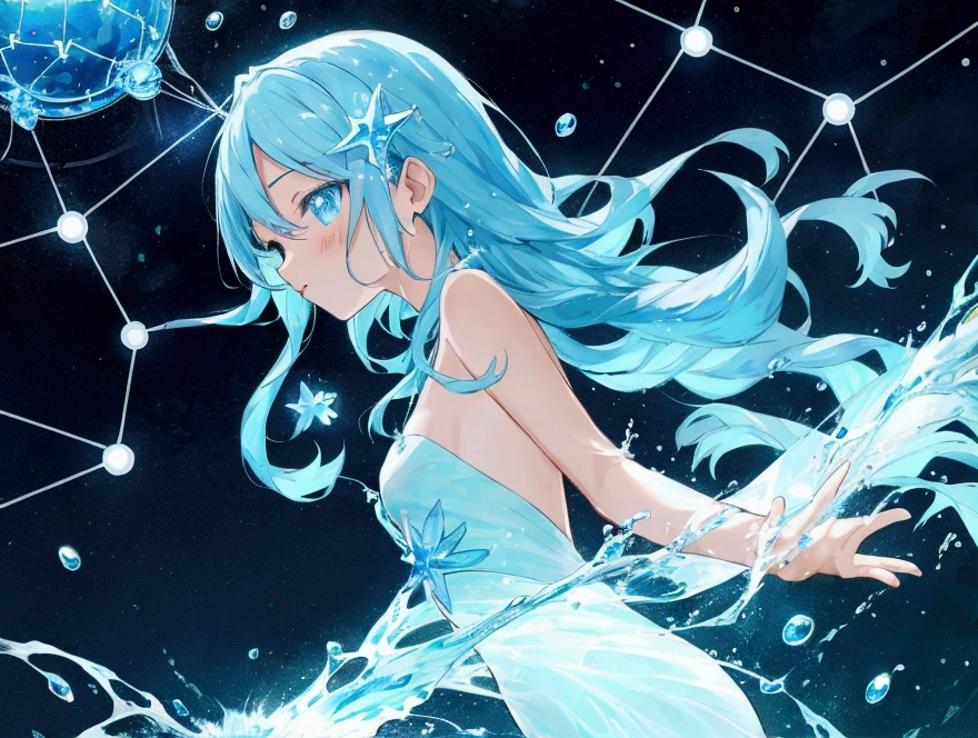 Aquarius constellation in human anime character style, have water magic power