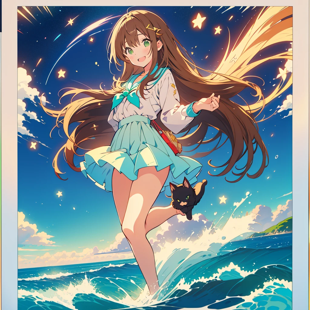 kawaii, anime, Cute, hyper quality, highly detailed, 8k, Front facing, Clarity, brown long hair, green eyes, smile, whole body, walk along the coast, one black cat, starry skies, night, moonlight, shooting star, Starlight, spread your hands, smiling, close your eyes and laugh, open your mouth and laugh, Crescent Moon, whole body, walking pose, seaside, coastline, Comet, hair fluttering, spread both hands, walk, ripples, firework, hold both hands,