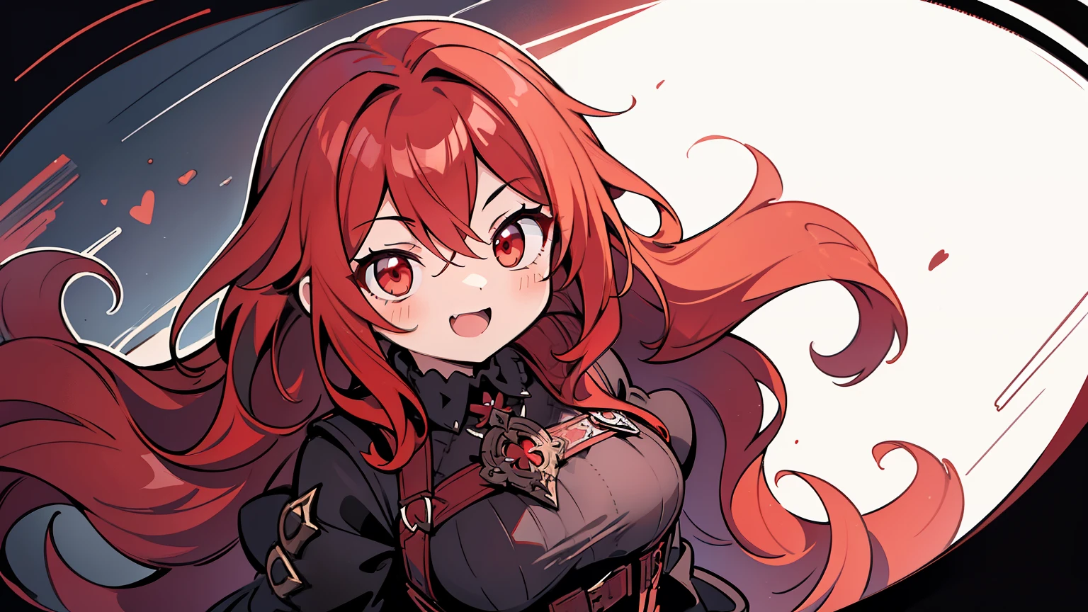 masterpiece, beautiful detailed, 1girl, (gothic fashion), red Eyes, red hair, wavy hair, laugh, medium breasts, hair intakes, dark theme, ((overhead shot)), (((bold outline))), limited palette