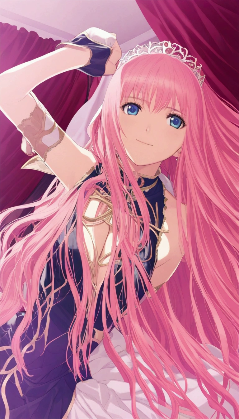 Detailed and beautiful depiction 1.1,Official Art,Beautiful adult woman ,Megurine Luka in official costume,Pink long hair,blue eyes,smile,Bedroom
